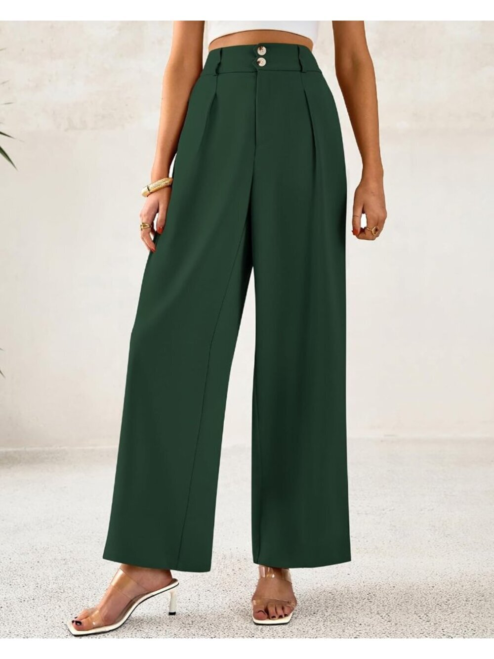 Women's Dark Green High Waisted Button Pleated Business Casual Wide Leg Pants - Picture 6 of 6